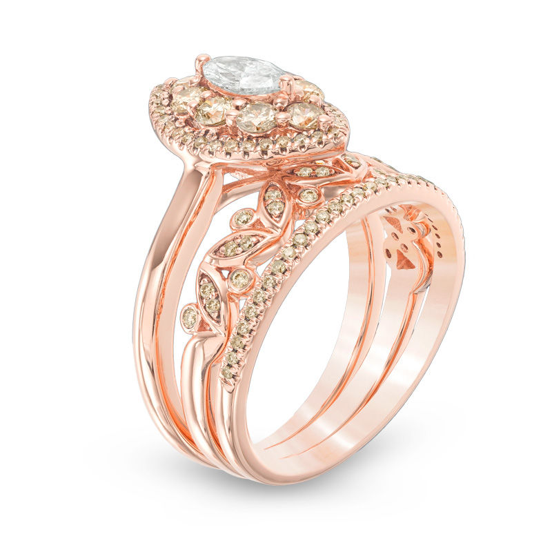 Main Image 2 of 1.14 CT. T.W. Champagne and White Diamond Double Frame Vine Three Piece Bridal Set in 10K Rose Gold - Size 7