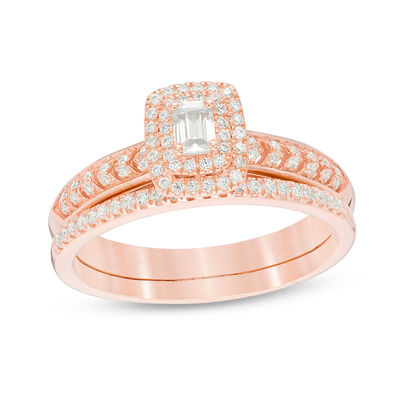 0.45 CT. T.W. Emerald-Cut Diamond Double Frame Chevron Bridal Set in 10K Rose Gold - Size 7