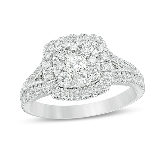 0.95 CT. T.W. Diamond Double Cushion Frame Vintage-Style Engagement Ring in 14K White Gold