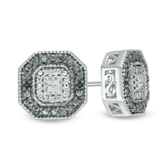 0.04 CT. T.W. Enhanced Black and White Diamond Octagon Frame Stud Earrings in Sterling Silver