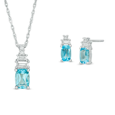 Cushion-Cut Swiss Blue Topaz and Lab-Created White Sapphire Pendant and Drop Earrings Set in Sterling Silver