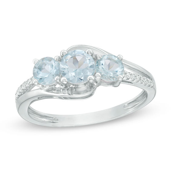 Aquamarine and 0.04 CT. T.W. Diamond Three Stone Bypass Ring in 10K White Gold