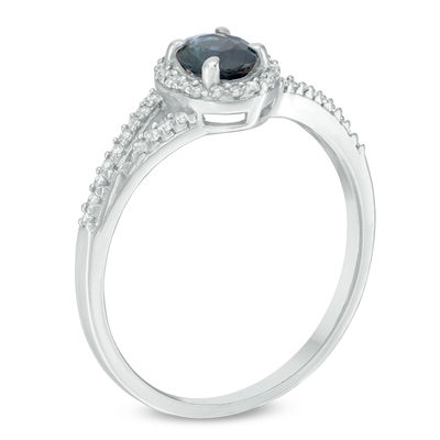 Oval Blue Sapphire and 0.17 CT. T.W. Diamond Frame Split Shank Ring in 10K White Gold