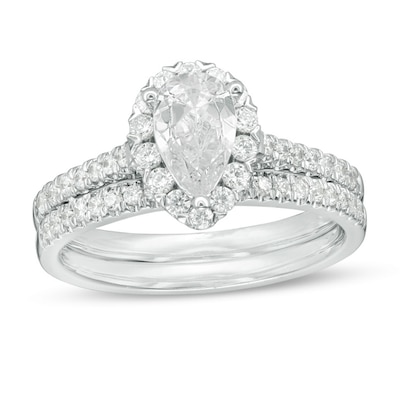 1.20 CT. T.W. Certified Pear-Shaped Diamond Frame Bridal Set in 14K White Gold (I/SI2)