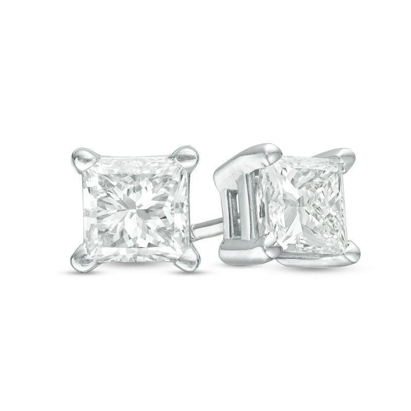 Main Image 1 of 1.00 CT. T.W. Certified Princess-Cut Diamond Solitaire Stud Earrings in 14K White Gold (J/I2)