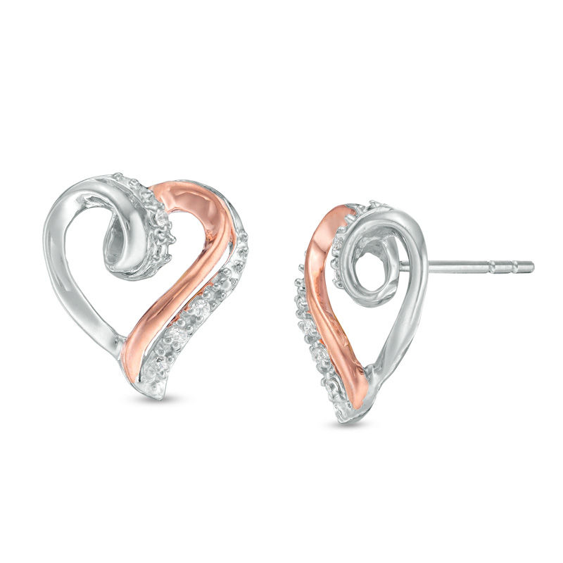 Diamond Accent Swirl Heart Stud Earrings in Sterling Silver and 10K Rose Gold|Peoples Jewellers