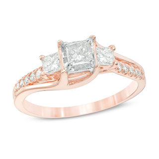 0.63 CT. T.W. Princess-Cut Diamond Past Present Future® Engagement Ring in 14K Rose Gold