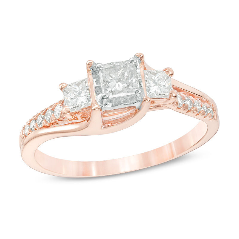 0.63 CT. T.W. Princess-Cut Diamond Past Present Future® Engagement Ring in 14K Rose Gold|Peoples Jewellers