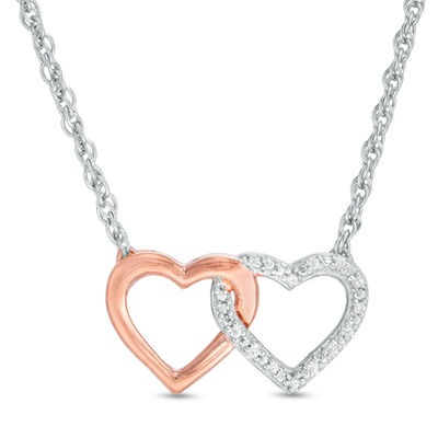 Diamond Accent Interlocking Hearts Necklace in Sterling Silver and 10K Rose Gold - 17.5"