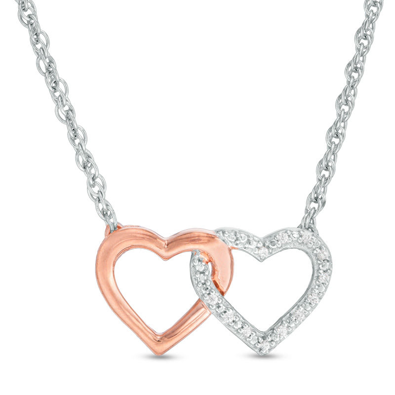 Diamond Accent Interlocking Hearts Necklace in Sterling Silver and 10K Rose Gold - 17.5"|Peoples Jewellers