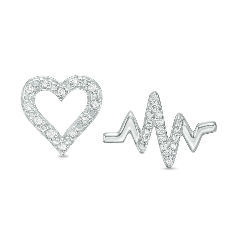 0.04 CT. T.W. Diamond Heart and Heartbeat Mismatch Stud Earrings in Sterling Silver|Peoples Jewellers