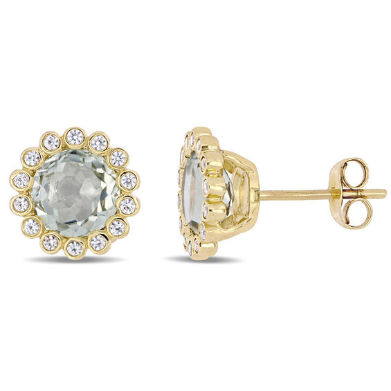 7.0mm Green Quartz and White Sapphire Frame Stud Earrings in 10K Gold