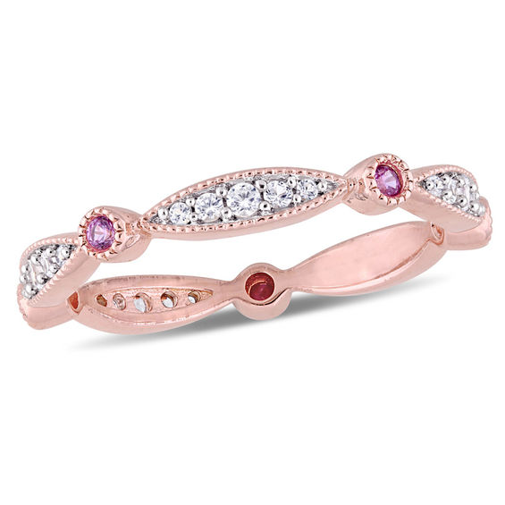 Lab-Created Pink and White Sapphire Vintage-Style Band in Sterling Silver with Rose Rhodium