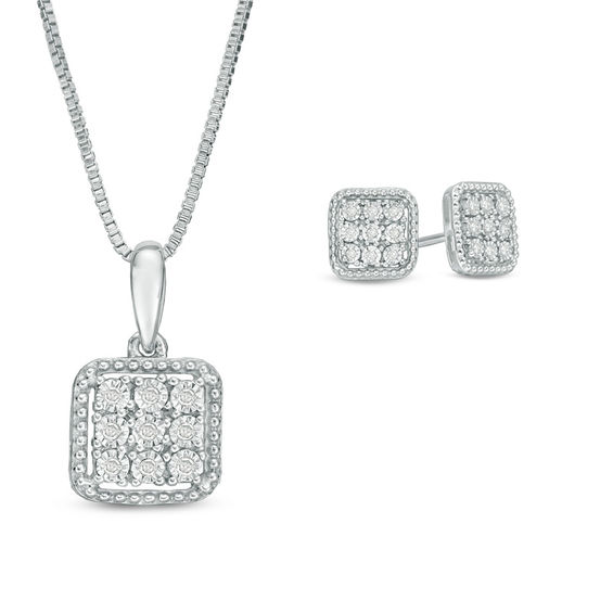 0.117 CT. T.W. Composite Diamond Square Pendant and Stud Earrings Set in Sterling Silver