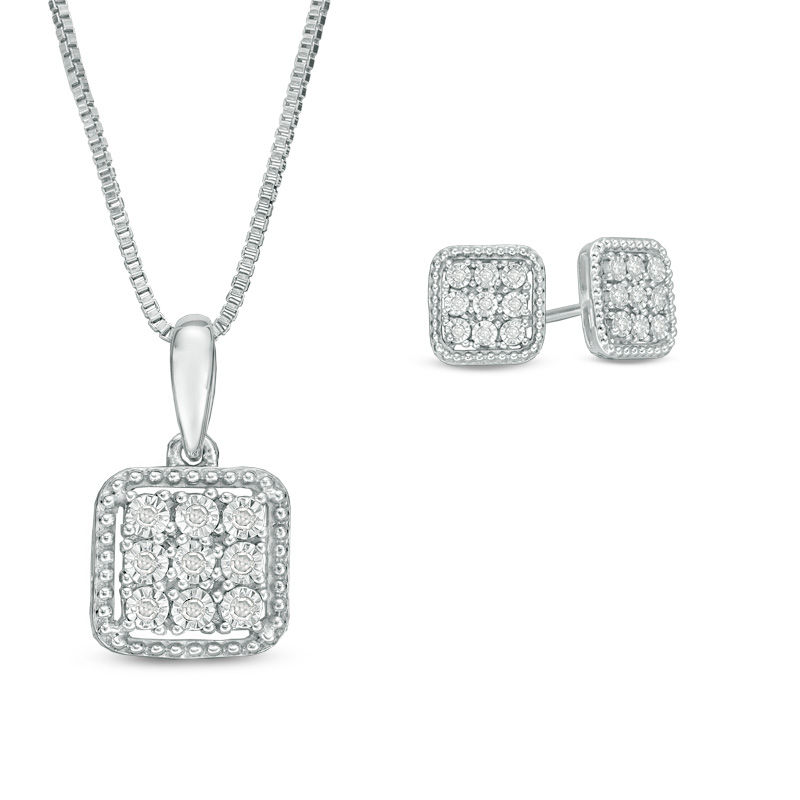 0.117 CT. T.W. Composite Diamond Square Pendant and Stud Earrings Set in Sterling Silver|Peoples Jewellers