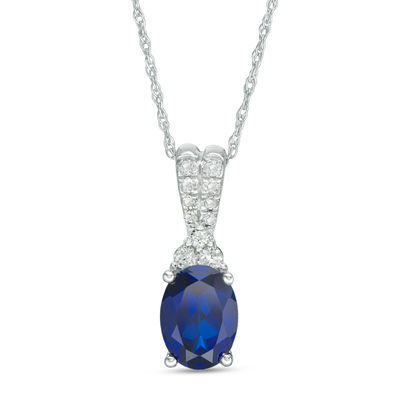 Oval Lab-Created Blue and White Sapphire Drop Pendant in Sterling Silver