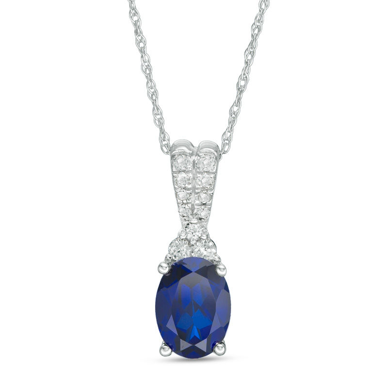 Oval Lab-Created Blue and White Sapphire Drop Pendant in Sterling Silver|Peoples Jewellers