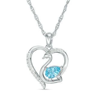 Pear-Shaped Swiss Blue Topaz and Lab-Created White Sapphire Swan Heart Pendant in Sterling Silver