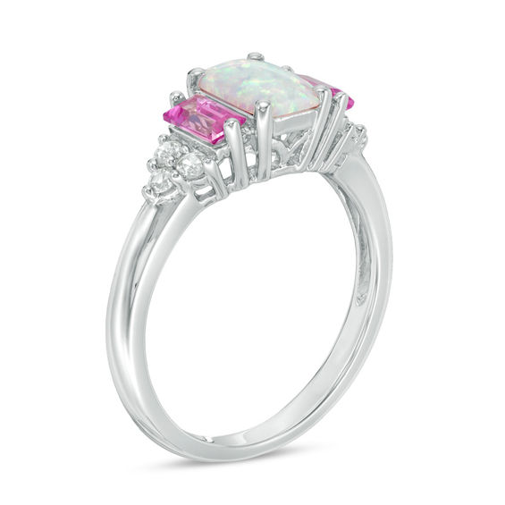 Emerald-Cut Lab-Created Opal, Pink and White Sapphire Tri-Sides Three Stone Ring in Sterling Silver