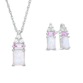 Emerald-Cut Lab-Created Opal, Pink and White Sapphire Tri-Top Pendant and Drop Earrings Set in Sterling Silver