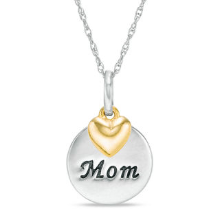 "Mom" Round Disc Pendant with Puffed Heart Charm in 10K Two-Tone Gold