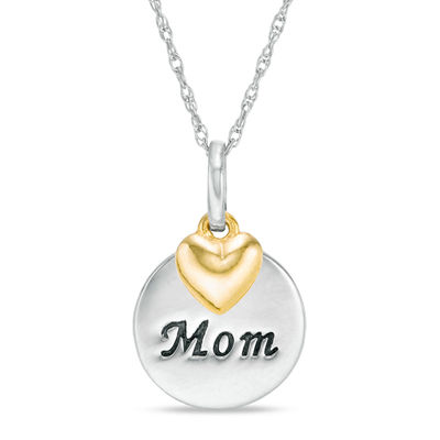 "Mom" Round Disc Pendant with Puffed Heart Charm in 10K Two-Tone Gold