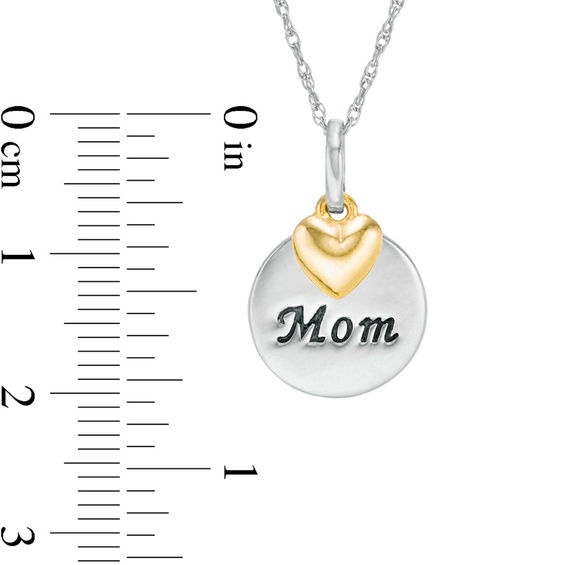 "Mom" Round Disc Pendant with Puffed Heart Charm in 10K Two-Tone Gold