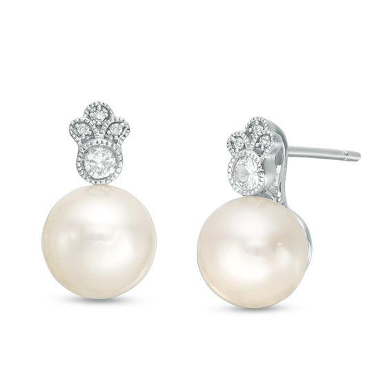 8.0-8.5mm Freshwater Cultured Pearl, White Sapphire and Diamond Accent Vintage-Style Drop Earrings in 10K White Gold