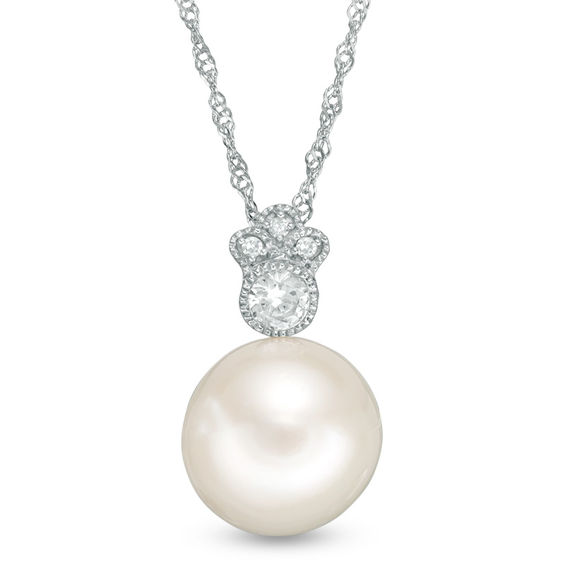 10.0-10.5mm Freshwater Cultured Pearl, White Sapphire and Diamond Accent Vintage-Style Pendant in 10K White Gold-17"