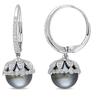 9.0-9.5mm Black Tahitian Cultured Pearl and 0.51 CT. T.W. Diamond Leaf Drop Earrings in 14K White Gold