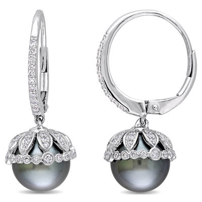 9.0-9.5mm Black Tahitian Cultured Pearl and 0.51 CT. T.W. Diamond Leaf Drop Earrings in 14K White Gold