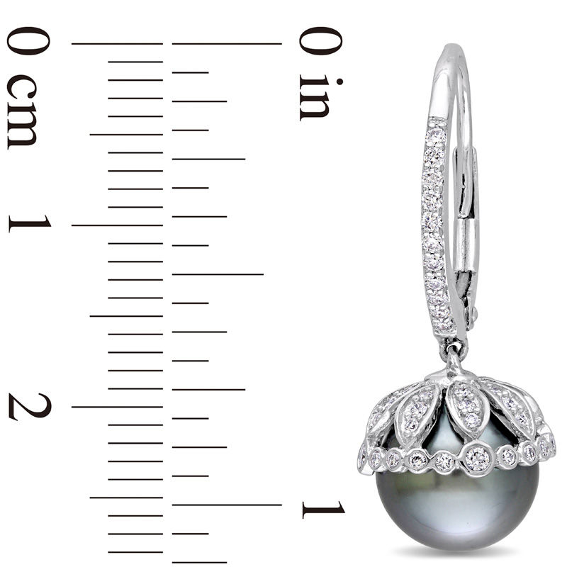 9.0-9.5mm Black Tahitian Cultured Pearl and 0.51 CT. T.W. Diamond Leaf Drop Earrings in 14K White Gold
