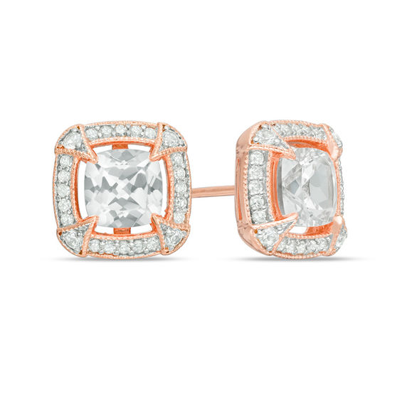 Cushion-Cut Lab-Created White Sapphire and 0.20 CT. T.W. Diamond Stud Earrings in Sterling Silver with Rose Rhodium