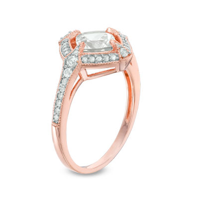 6.0mm Cushion-Cut Lab-Created White Sapphire and 0.16 CT. T.W. Diamond Ring in Sterling Silver with Rose Rhodium