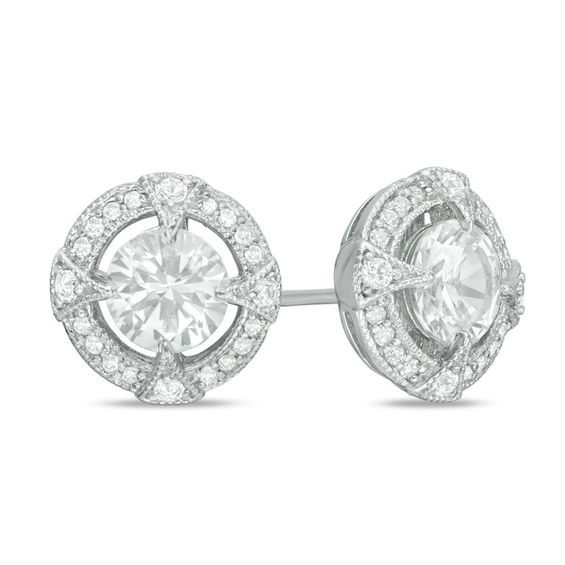 6.0mm Lab-Created White Sapphire and 0.16 CT. T.W. Diamond Circle Frame Vintage-Style Stud Earrings in Sterling Silver