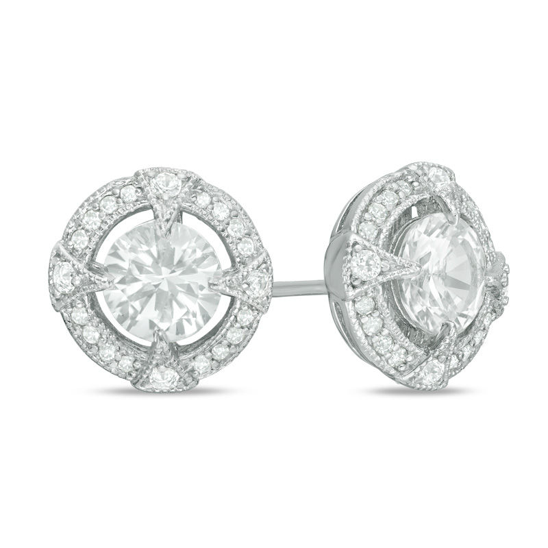 6.0mm Lab-Created White Sapphire and 0.16 CT. T.W. Diamond Circle Frame Vintage-Style Stud Earrings in Sterling Silver|Peoples Jewellers