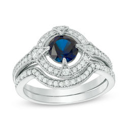 6.0mm Lab-Created Blue and White Sapphire with 0.30 CT. T.W. Diamond Frame Vintage-Style Bridal Set in Sterling Silver