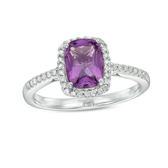 Cushion-Cut Amethyst and 0.12 CT. T.W. Diamond Frame Ring in 10K White Gold