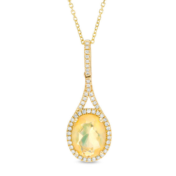 Oval Multi-Colour Opal and 0.14 CT. T.W. Diamond Frame Drop Pendant in 10K Gold