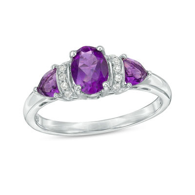 Amethyst and Lab-Created White Sapphire Collar Three Stone Ring in Sterling Silver