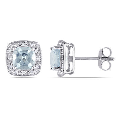 6.0mm Cushion-Cut Aquamarine and 0.09 CT. T.W. Diamond Frame Stud Earrings in 10K White Gold