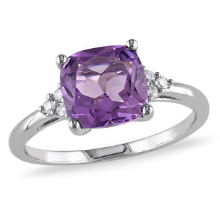 8.0mm Cushion-Cut Amethyst and 0.06 CT. T.W. Diamond Tri-Sides Ring in 10K White Gold