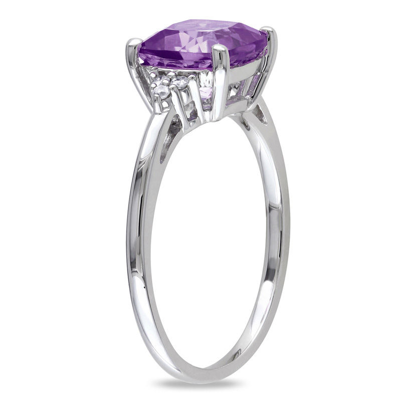 8.0mm Cushion-Cut Amethyst and 0.06 CT. T.W. Diamond Tri-Sides Ring in 10K White Gold