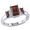 Emerald-Cut Garnet and Diamond Accent Three Stone Ring in 10K White Gold