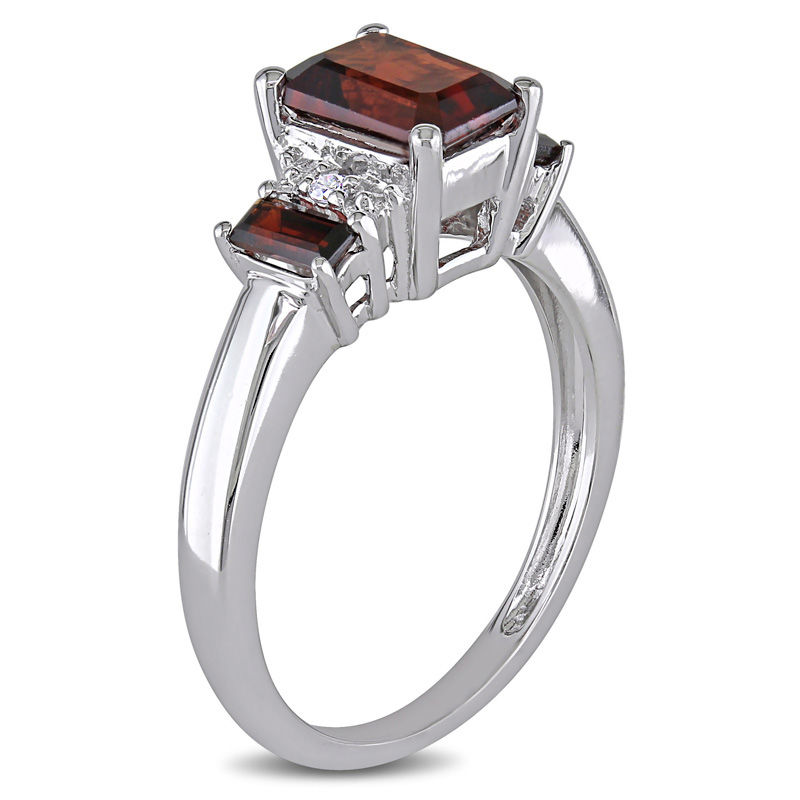Emerald-Cut Garnet and Diamond Accent Three Stone Ring in 10K White Gold|Peoples Jewellers