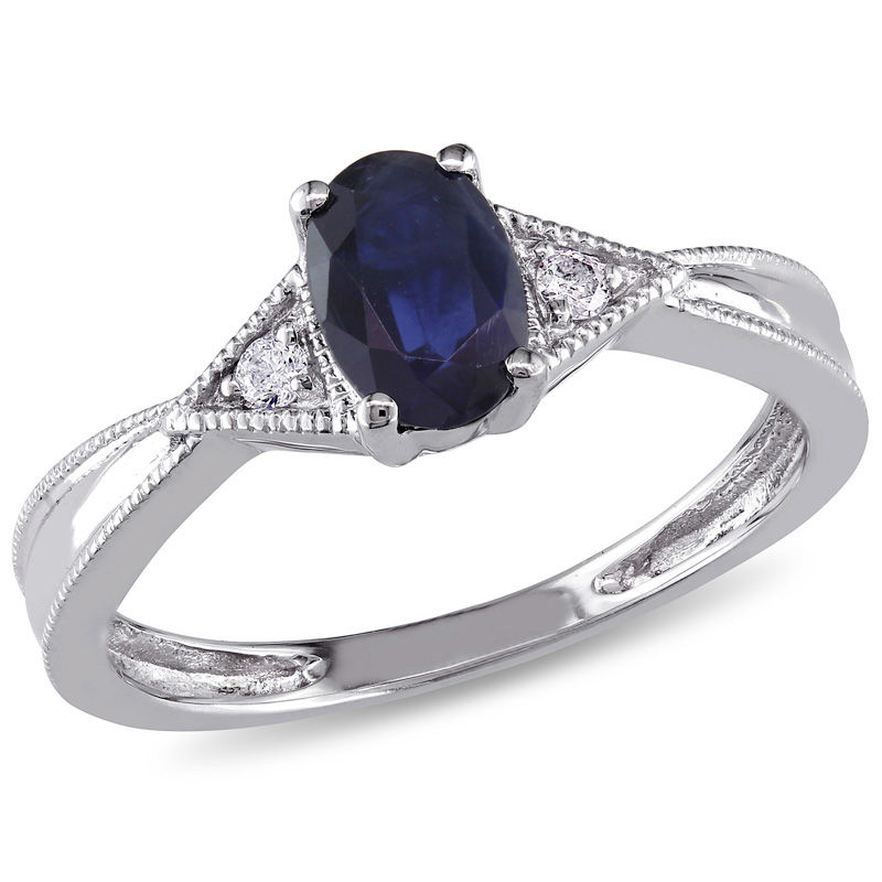 Oval Blue Sapphire and Diamond Accent Triangle Sides Vintage-Style Ring in 10K White Gold|Peoples Jewellers