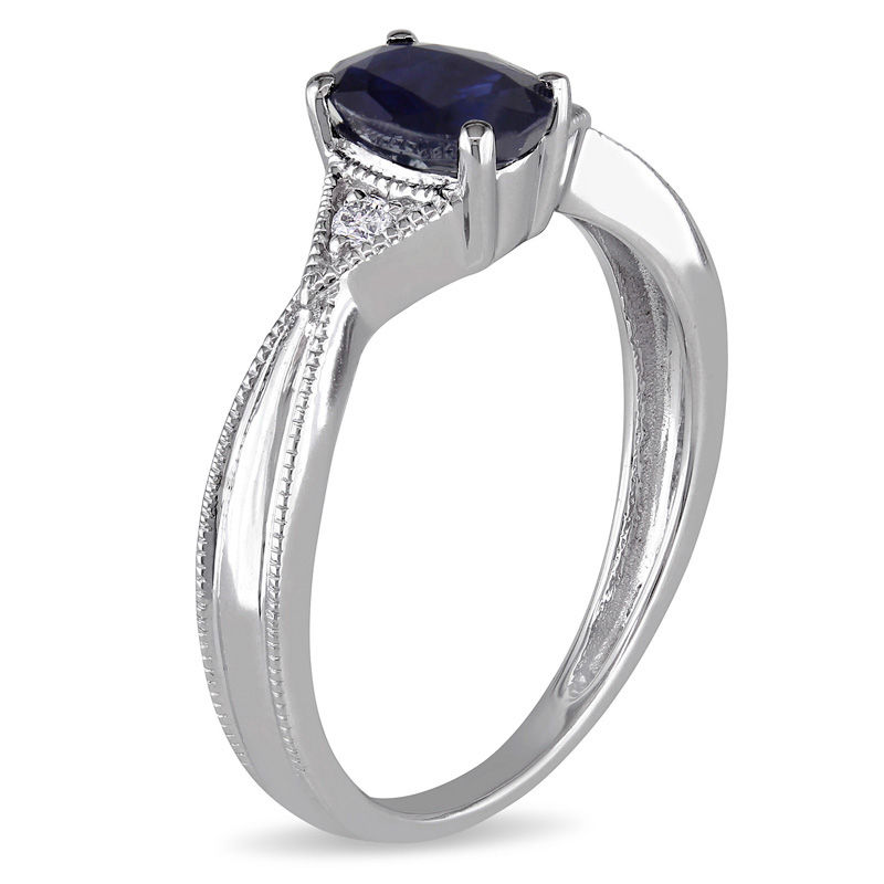 Oval Blue Sapphire and Diamond Accent Triangle Sides Vintage-Style Ring in 10K White Gold|Peoples Jewellers