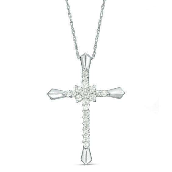 0.37 CT. T.W. Diamond Flower Cluster Cross Pendant in 10K White Gold