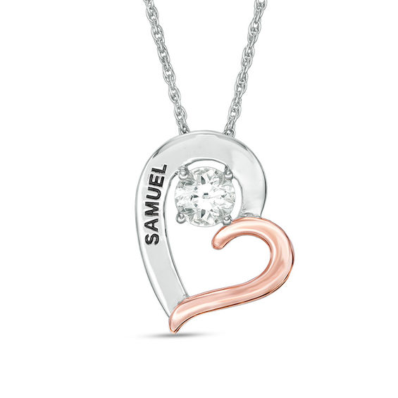 5.0mm Simulated Birthstone Tilted Heart Pendant in Sterling Silver and 10K Rose Gold (1 Stones and Names)