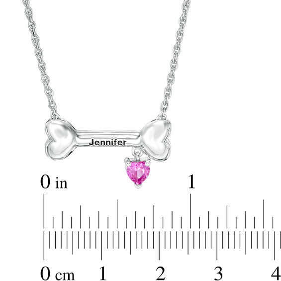 4.0mm Heart-Shaped Simulated Birthstone Charm Dog Bone Necklace in Sterling Silver (1 Stone and Name)